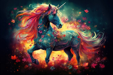 beautiful unicorn art with flowers, colorful illustration, Generative AI