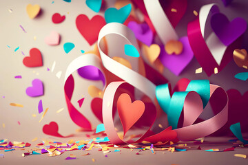 Heart confetti and streamer background. Generative ai.