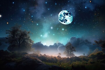 dreamlike scene with a view of the night sky, stars twinkling above, and a full moon floating in the air, created with generative ai