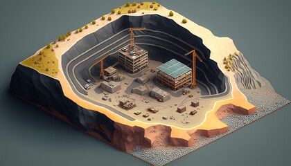 Low poly opencast mining area isometric view. Generative AI