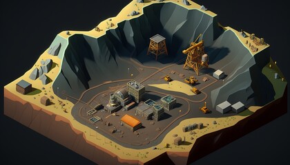 Low poly opencast mining area isometric view. Generative AI