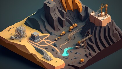 Low poly opencast mining area isometric view. Generative AI