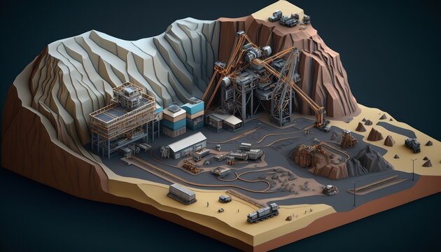 Low poly opencast mining area isometric view. Generative AI