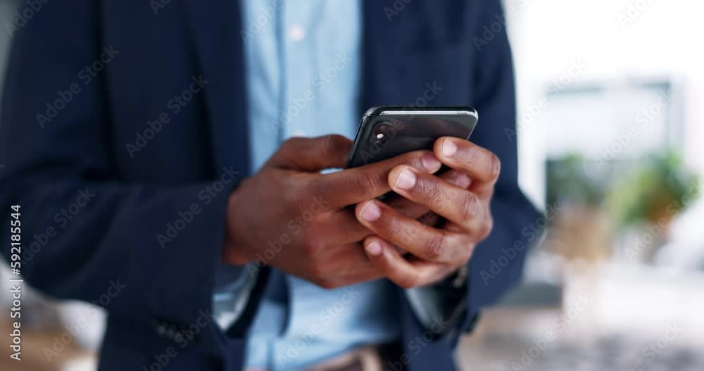 Poster hands, phone and typing in communication, social media or business strategy idea at office. hand of 