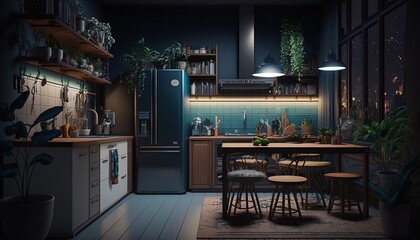 Modern interior style kitchen at night with string of lights. Generative AI