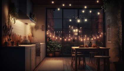 Fototapeta na wymiar Modern interior style kitchen at night with string of lights. Generative AI