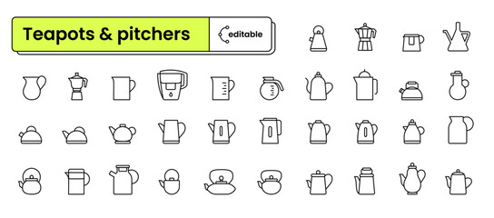Set of editable icons: teapots & pitchers (teapot, kettle, pitcher, water filter, jug, pot, set, ewer, cruse, mugful, jugful, mug, coffee kettle)