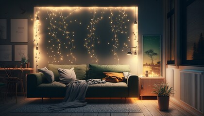 Modern minimalistic interior style living room at night with sofa, pillows and string of lights. Generative AI