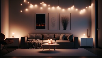 Modern minimalistic interior style living room at night with sofa, pillows and string of lights. Generative AI