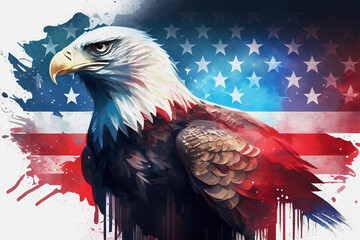 Fototapeta premium Bald eagle watercolor with usa flag. Generative ai.