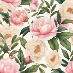 Pink peony flower. Botanical floral watercolor seamless pattern background. Generative AI