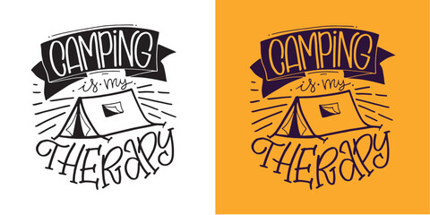 Obraz premium Funny hand dtawn doodle lettering about Camping. T-shirt design, postcard, mug print.
