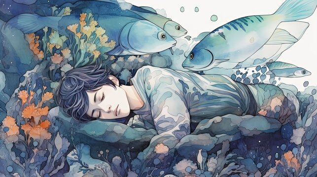 watercolor illustration of a pretty man sleeping under water at ocean floor  among fish, fantasy dreamy concept background wallpaper, Generative Ai