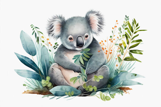 Watercolor little koala sitting in gras. Generative ai. © PicItUp