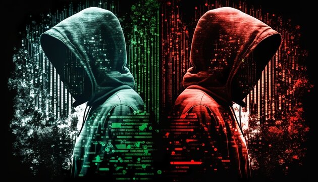 Hackers In Hoodie And Red And Green Color Binary Code Double Exposure. Generative AI