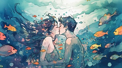 watercolor style illustration, lover couple is kissing underwater, fantasy dreamlike, atmosphere of deep water with fish and bubble, Generative Ai