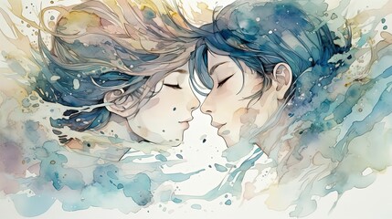 watercolor style illustration, two boys lover couple is kissing underwater, fantasy dreamlike, atmosphere of deep water with fish and bubble, Generative Ai