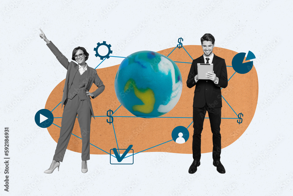 Aufkleber banner poster template collage of two business people working together using worldwide network conne