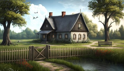 Fototapeta premium Traditional looking two-story cottage house on a grassy filed with wooden fence. Generative AI