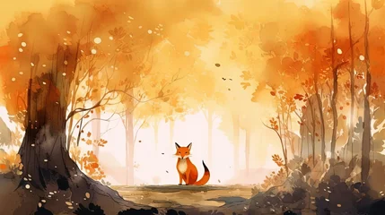 Fototapete Feenwald watercolor illustration children book style of a fox sitting on nature trail in autumn season, generative Ai