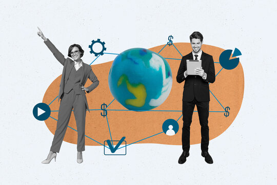 Banner poster template collage of two business people working together using worldwide network connection innovative technology