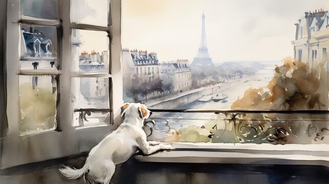 watercolor illustration a cute puppy with Paris view from apartment balcony balcony, idea for home wall decor, Generative Ai 