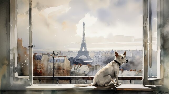 watercolor illustration a cute puppy with Paris view from apartment balcony balcony, idea for home wall decor, Generative Ai 