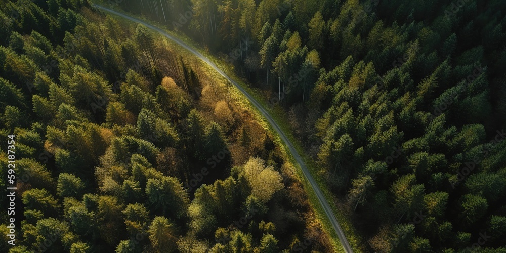 Poster bird's-eye view of the road in the middle of the forest.aerial view. panoramic shot. generative ai