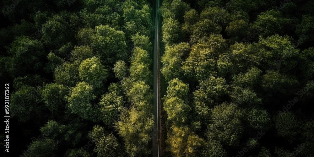 Poster bird's-eye view of the road in the middle of the forest.aerial view. panoramic shot. generative ai