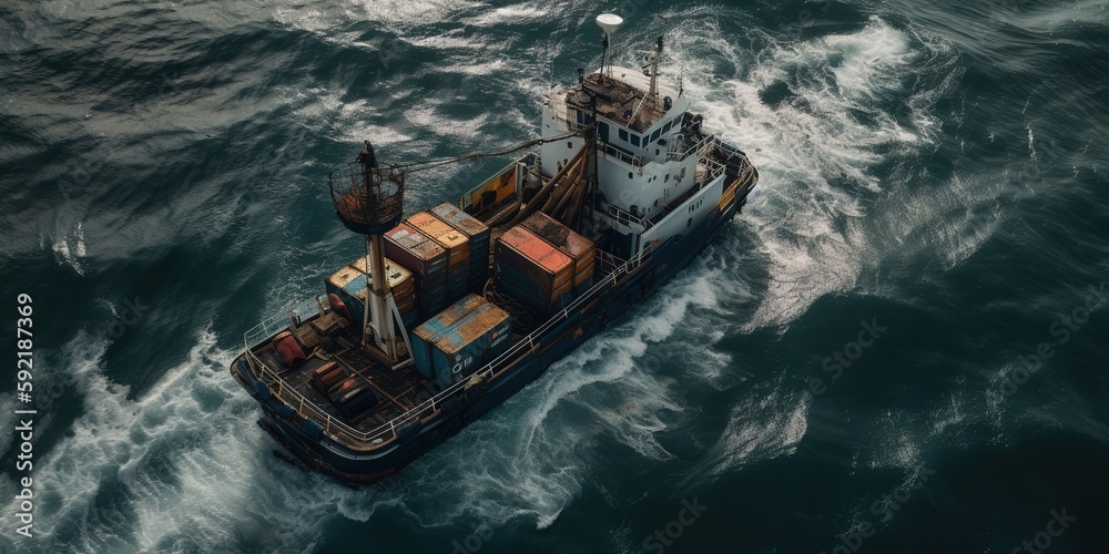 Poster Top view from the height of the loading and unloading of a container ship.Aerial view. Panoramic shot. Generative AI