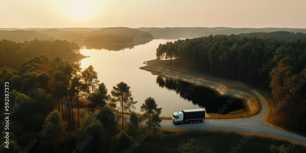 Poster autumn colorful trees on the side of the road with a truck.aerial view. panoramic shot. generative a
