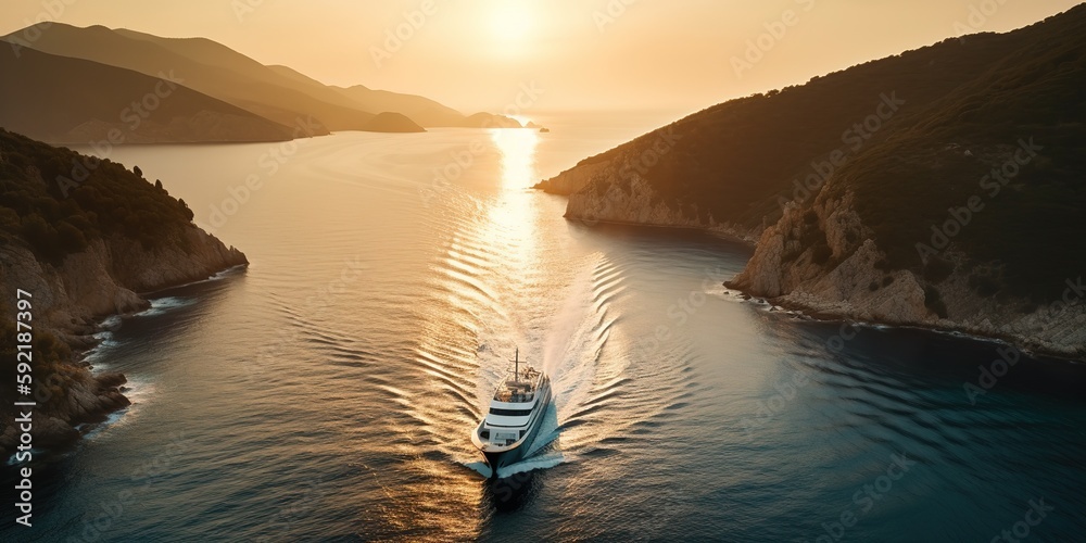 Poster a view from a height of a speedboat in clear blue water at sunset in summer.aerial view. panoramic s