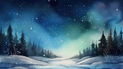 watercolor illustration of first snow fall in winter woods landscape in night time with starry sky, idea for  background wallpaper,  Generative Ai