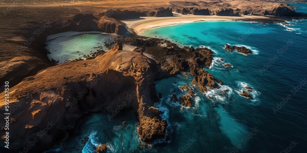 Poster a beautiful picture of a rocky beach with a cliff from above.aerial view. panoramic shot. generative