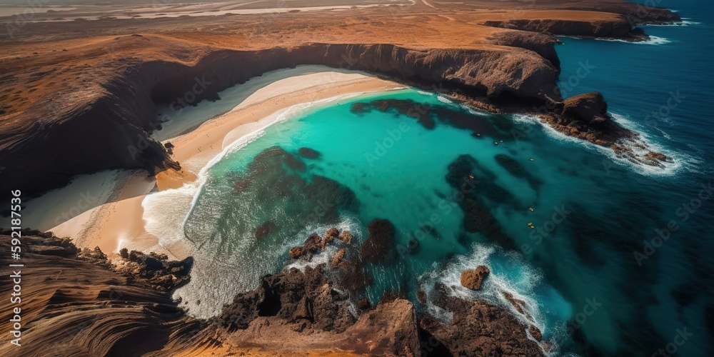 Aufkleber a beautiful picture of a rocky beach with a cliff from above.aerial view. panoramic shot. generative