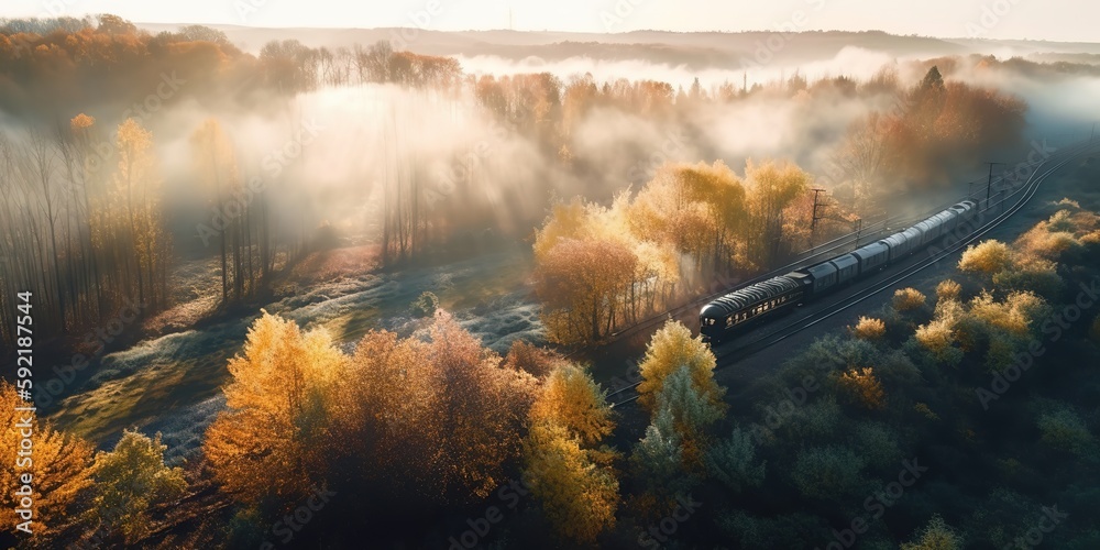 Poster View from the height of the railway with autumn trees in the fog.Aerial view. Panoramic shot. Generative AI