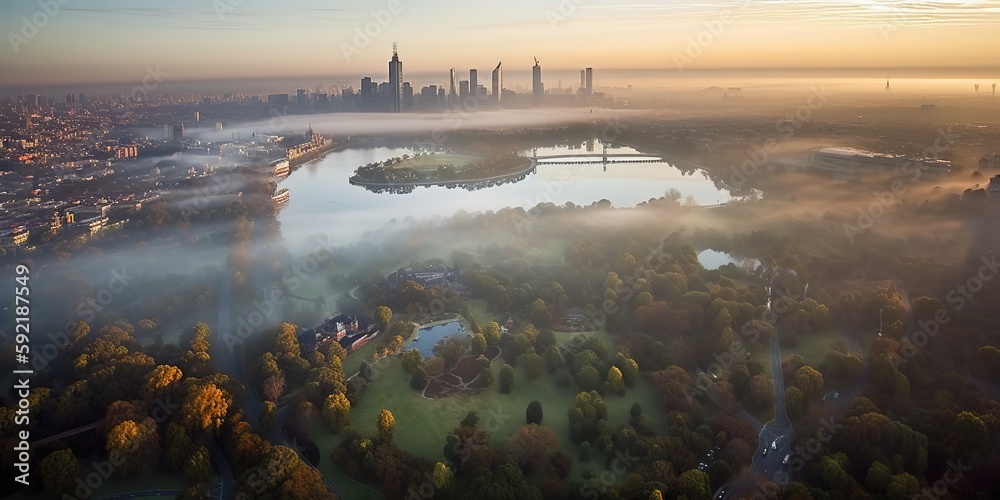Poster View from the height of the city in the fog.Aerial view. Panoramic shot. Generative AI