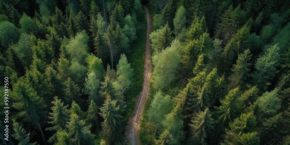 Poster Bird's-eye view of the road in the middle of the forest.Aerial view. Panoramic shot. Generative AI