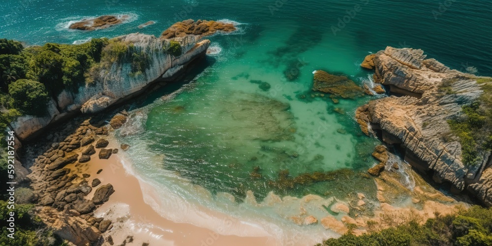Poster a beautiful picture of a rocky beach with a cliff from above.aerial view. panoramic shot. generative