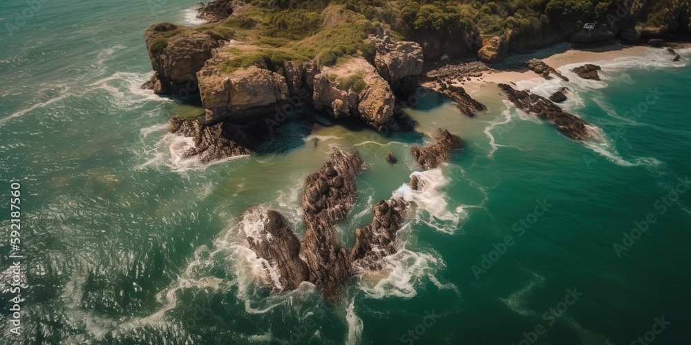 Poster a beautiful picture of a rocky beach with a cliff from above.aerial view. panoramic shot. generative
