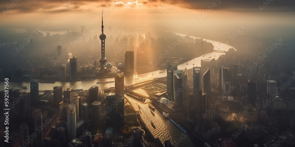 Aufkleber view from the height of the city in the fog.aerial view. panoramic shot. generative ai