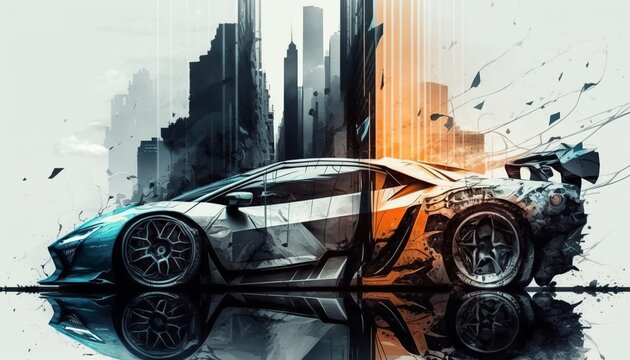 Tuned racing sportcar and urban area double exposure. Generative AI