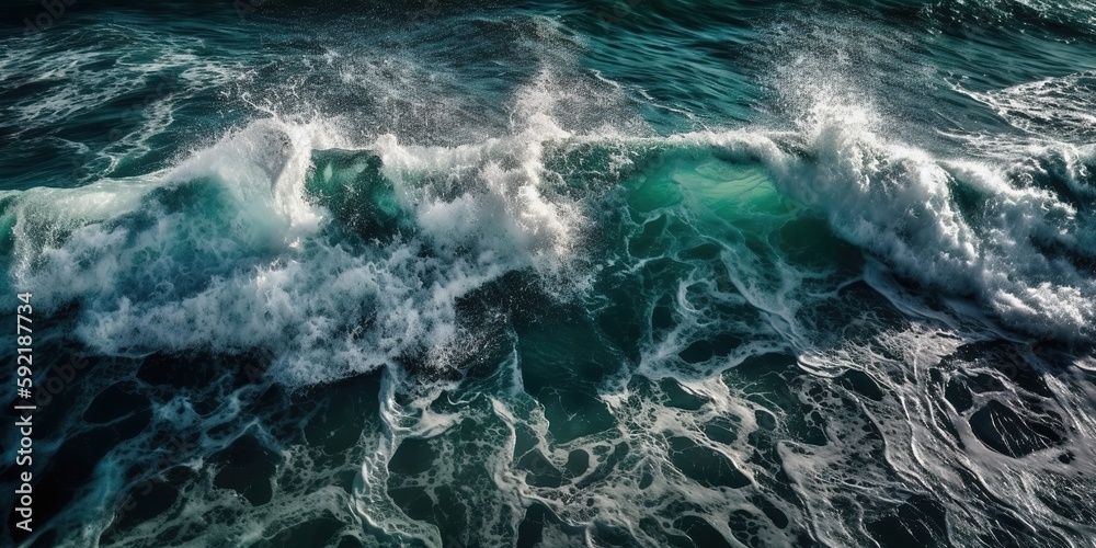 Poster top view of a beautiful tropical beach with sea waves.aerial view. panoramic shot. generative ai
