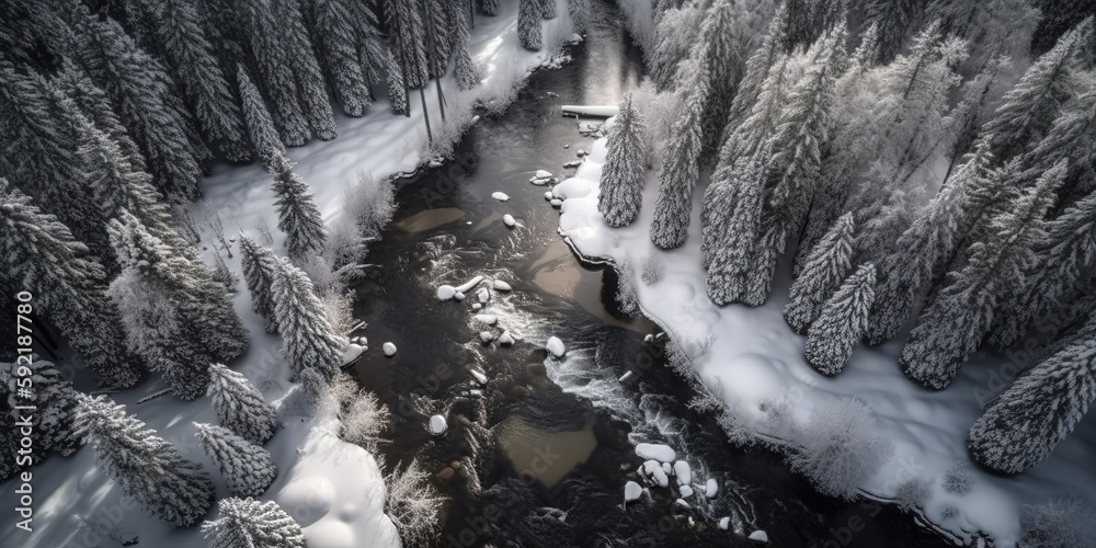 Canvas Prints View from a height on a winter country road in a snow-covered forest.Aerial view. Panoramic shot. Generative AI