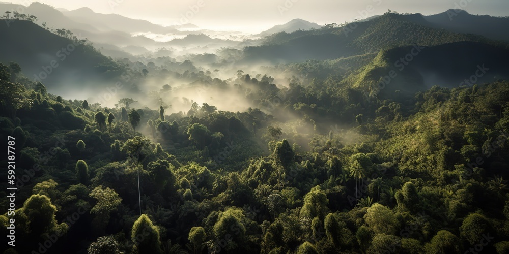 Poster View from the height of the forest in the fog.Aerial view. Panoramic shot. Generative AI