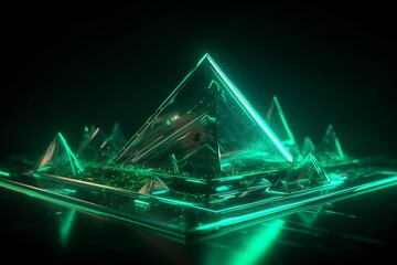 추상적인 초록 사각뿔 네온 배경. 인공지능 생성 