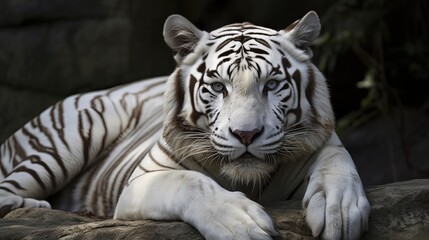Fototapeta premium close up portrait animal wildlife, tigers laying on grass field, Generative Ai 