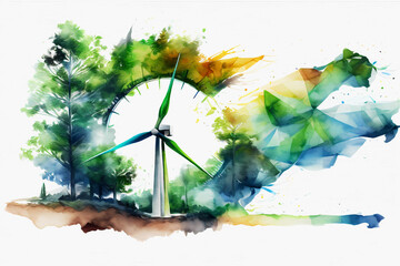 Watercolor renewable energy concept. Generative ai.