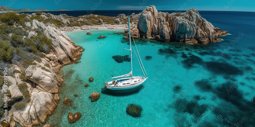 Aufkleber View from the height of the lake with a sailboat.Aerial view. Panoramic shot. Generative AI