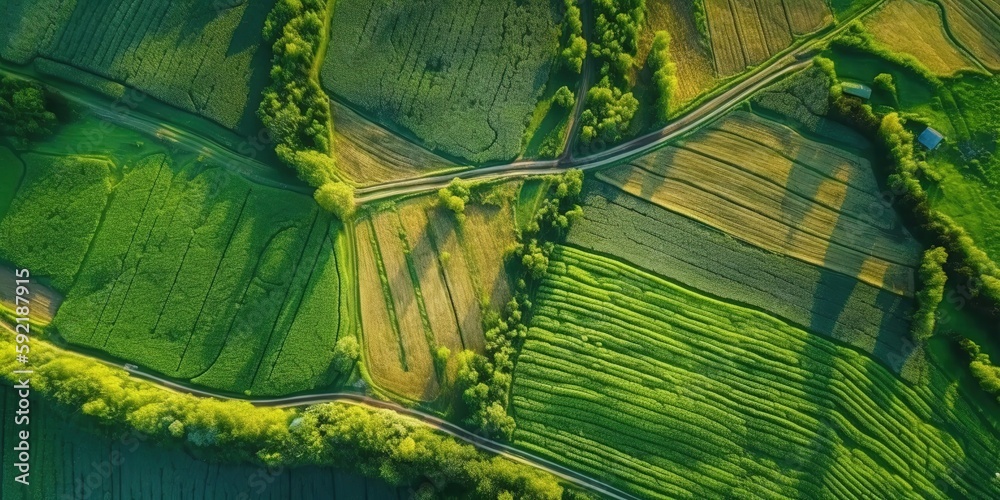 Aufkleber Panoramic view from the height of green fields and meadows in summer.Aerial view. Panoramic shot. Generative AI